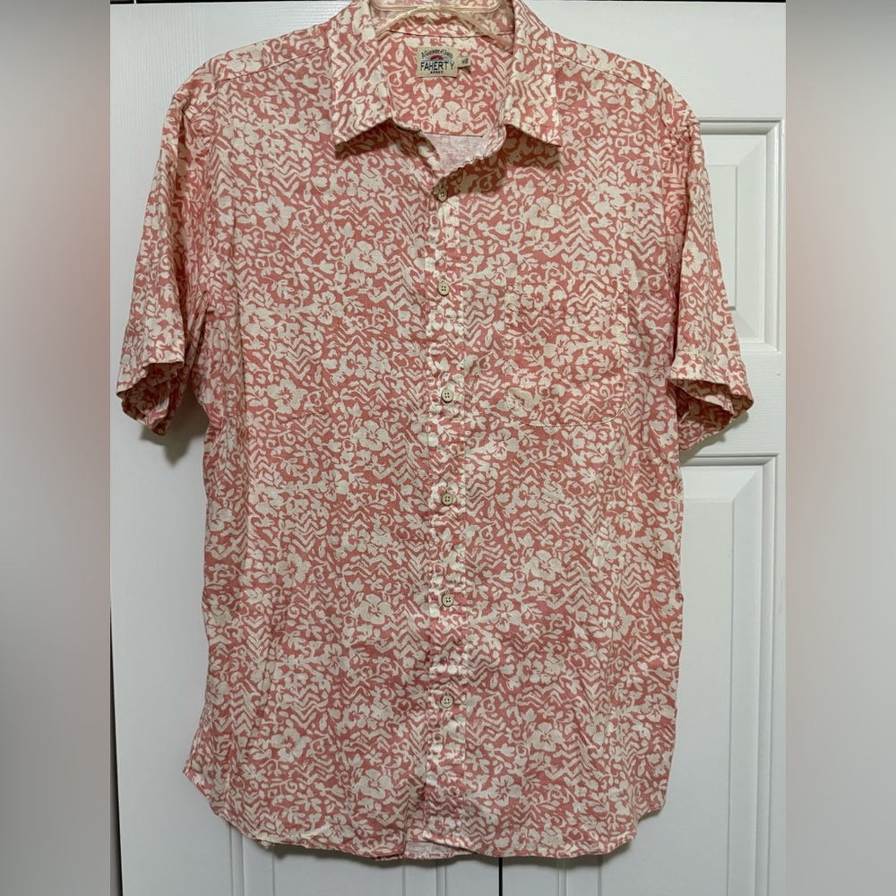 Faherty Mens Medium Pink White Floral Hemp Blend Button Down Shirt
